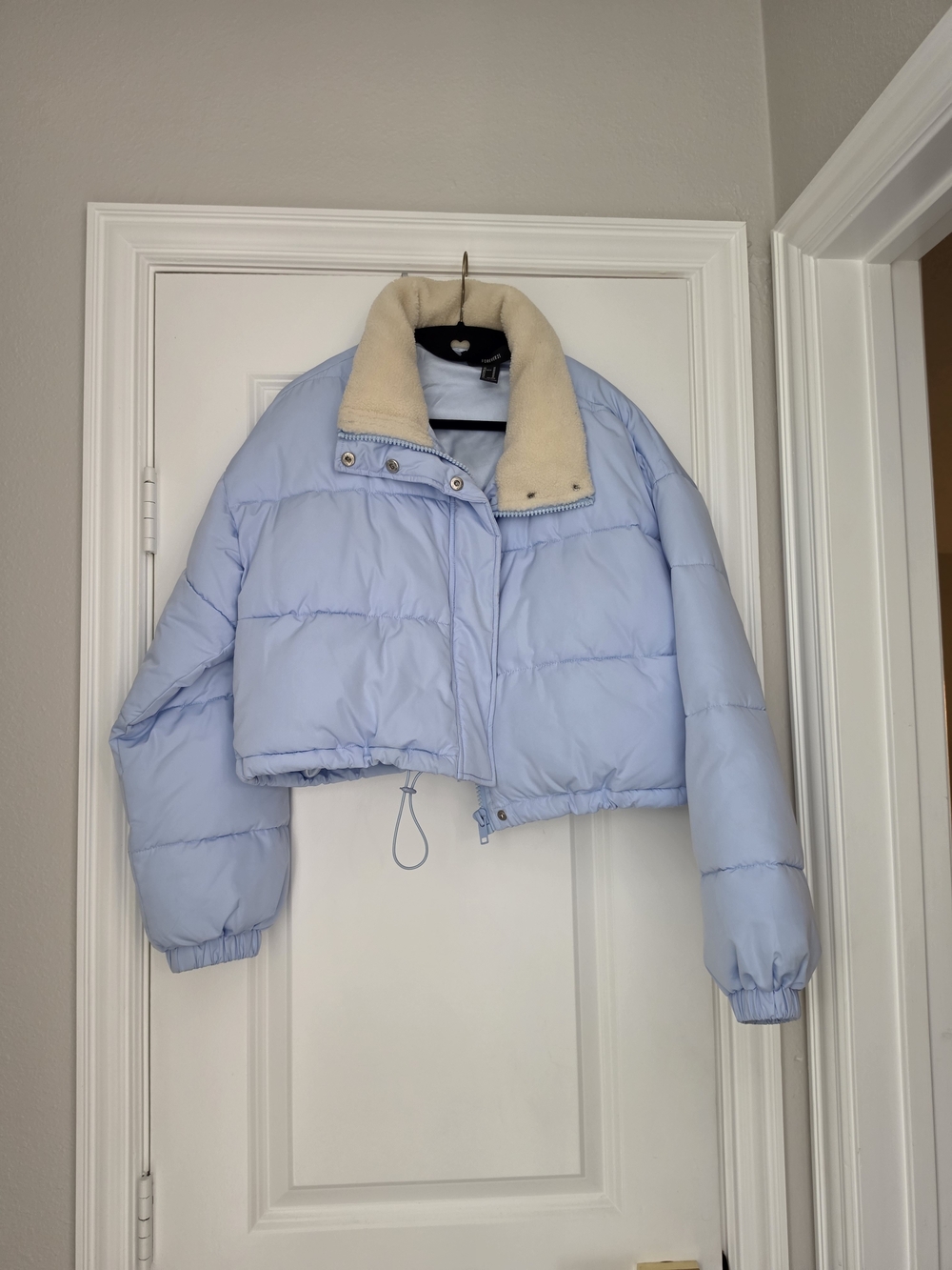 Forever 21 Pastel Blue Cropped Puffer Jacket with Cream Collar